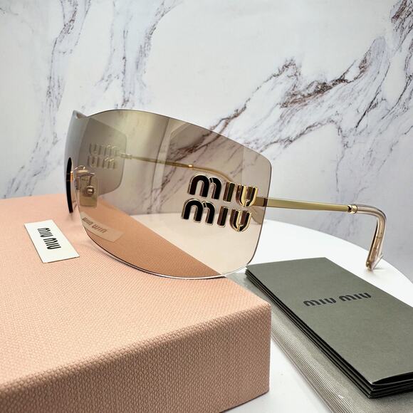 New MIU MIU Aube Sunglasses Gold Light Brown Mirror Bronze Rimless Wrap Womens